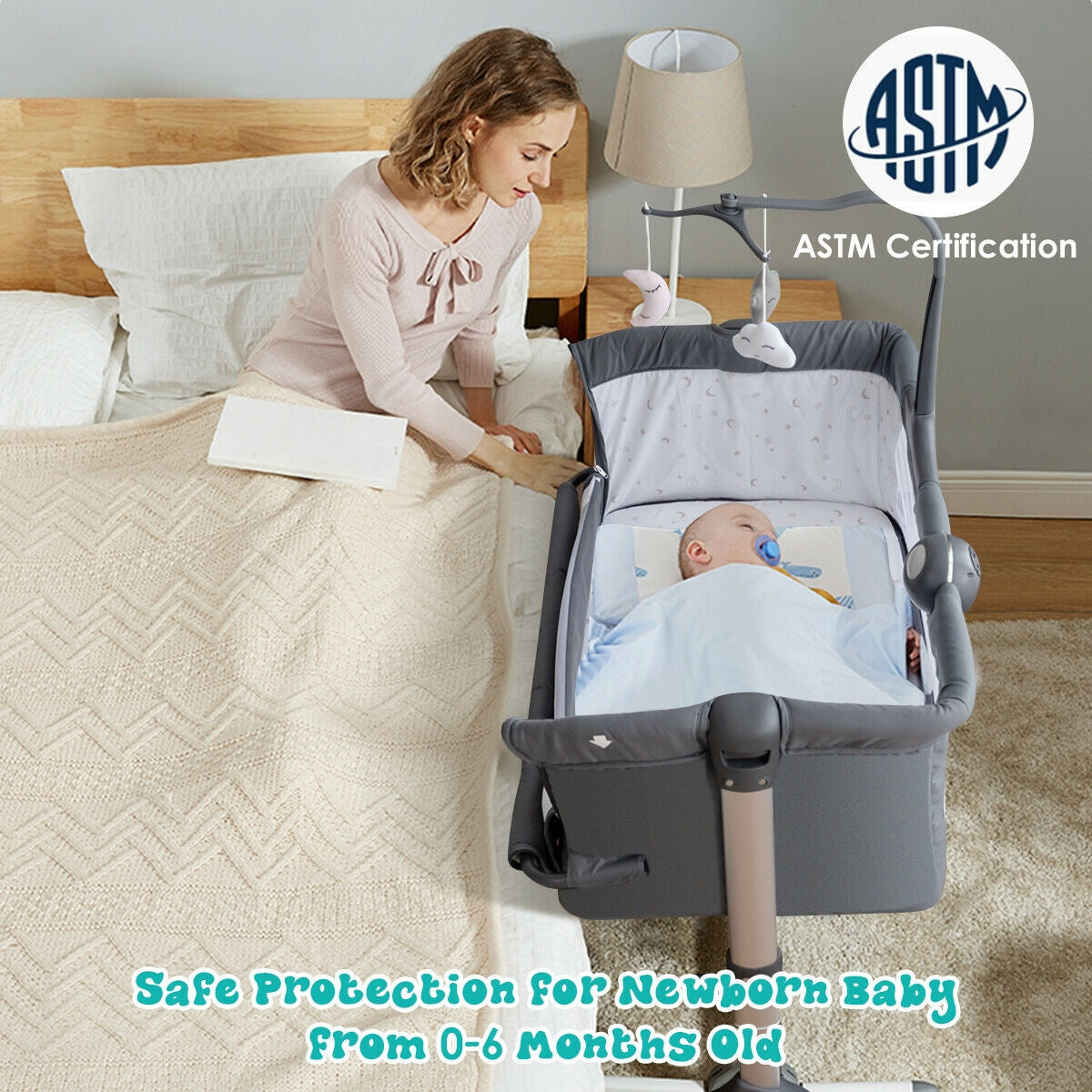 Height-Adjustable Dark Gray Baby Side Crib