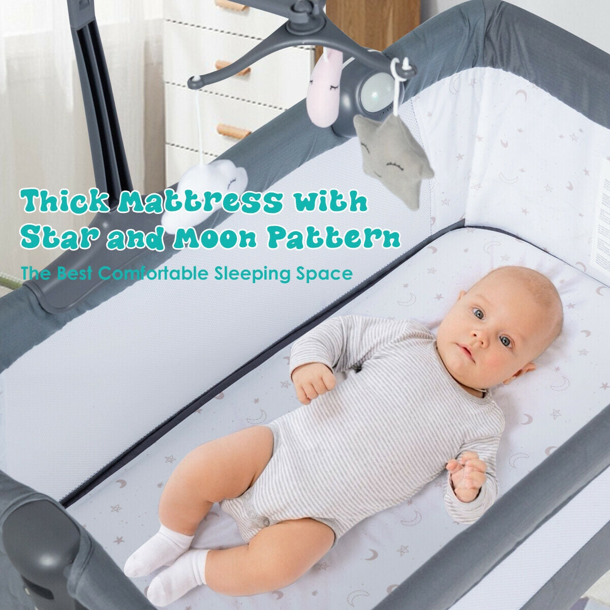 Height-Adjustable Dark Gray Baby Side Crib
