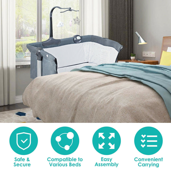 Height-Adjustable Dark Gray Baby Side Crib