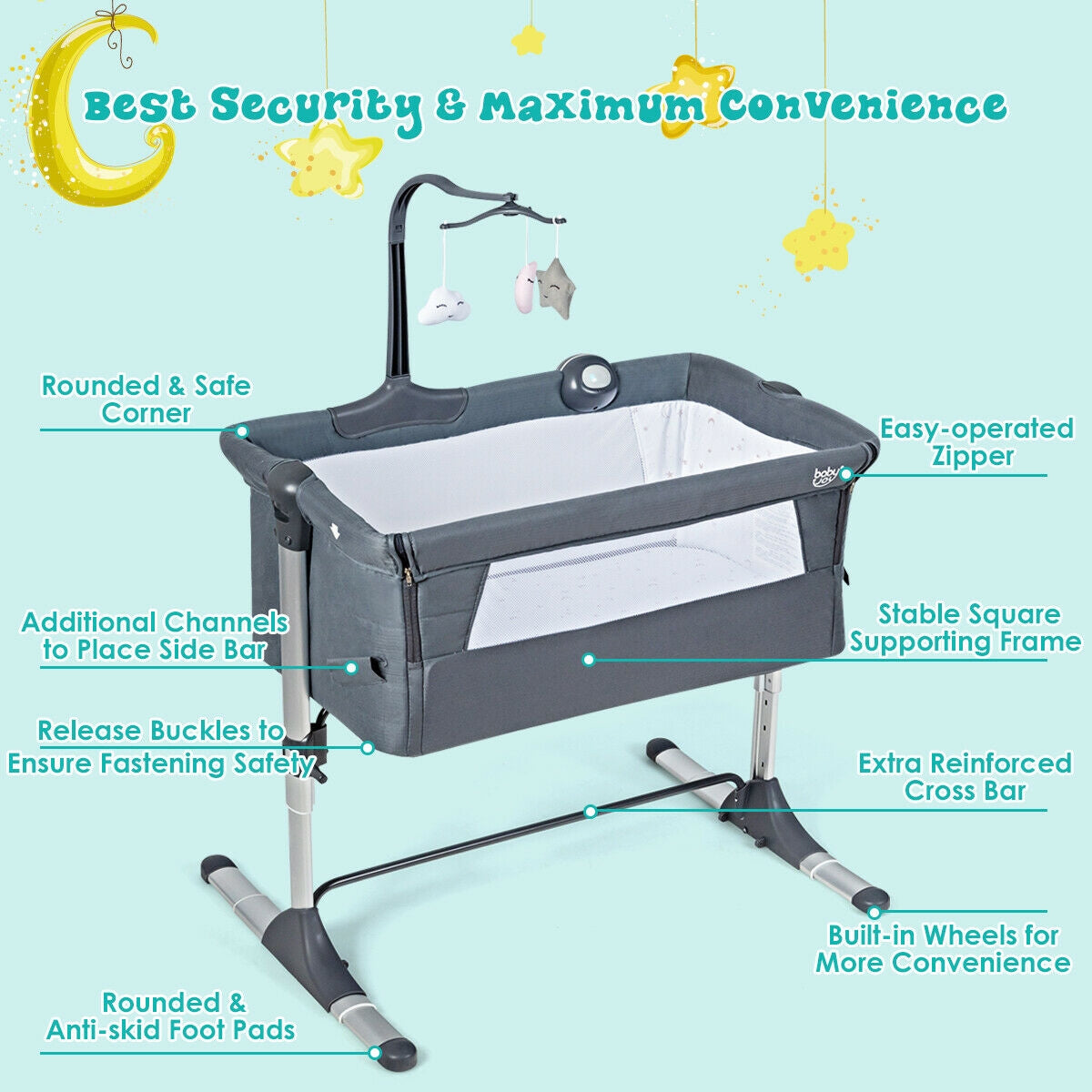 Height-Adjustable Dark Gray Baby Side Crib