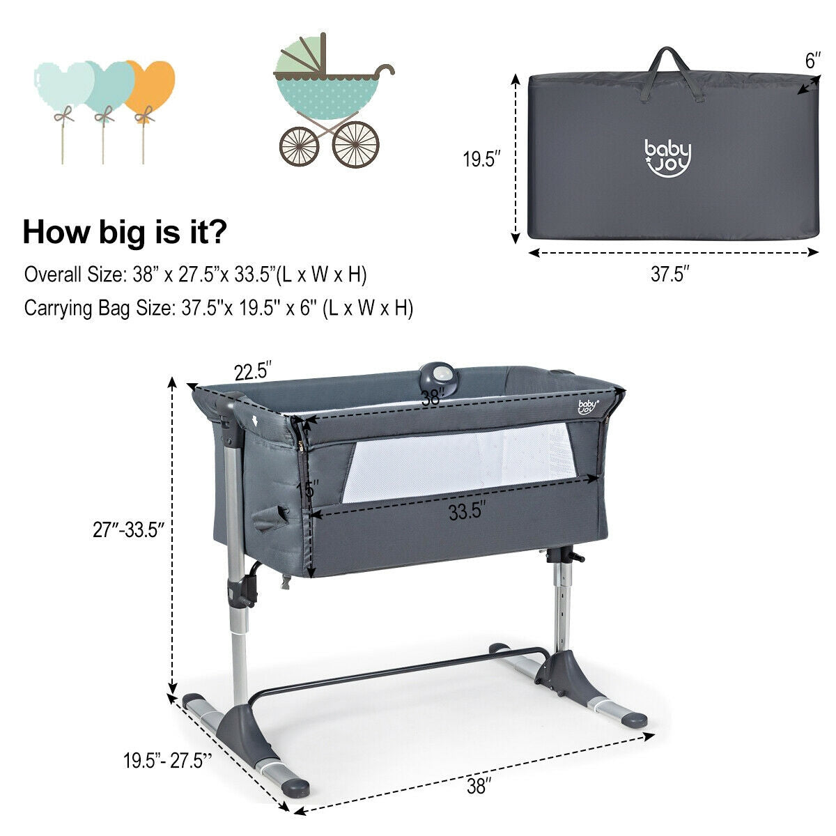 Height-Adjustable Dark Gray Baby Side Crib