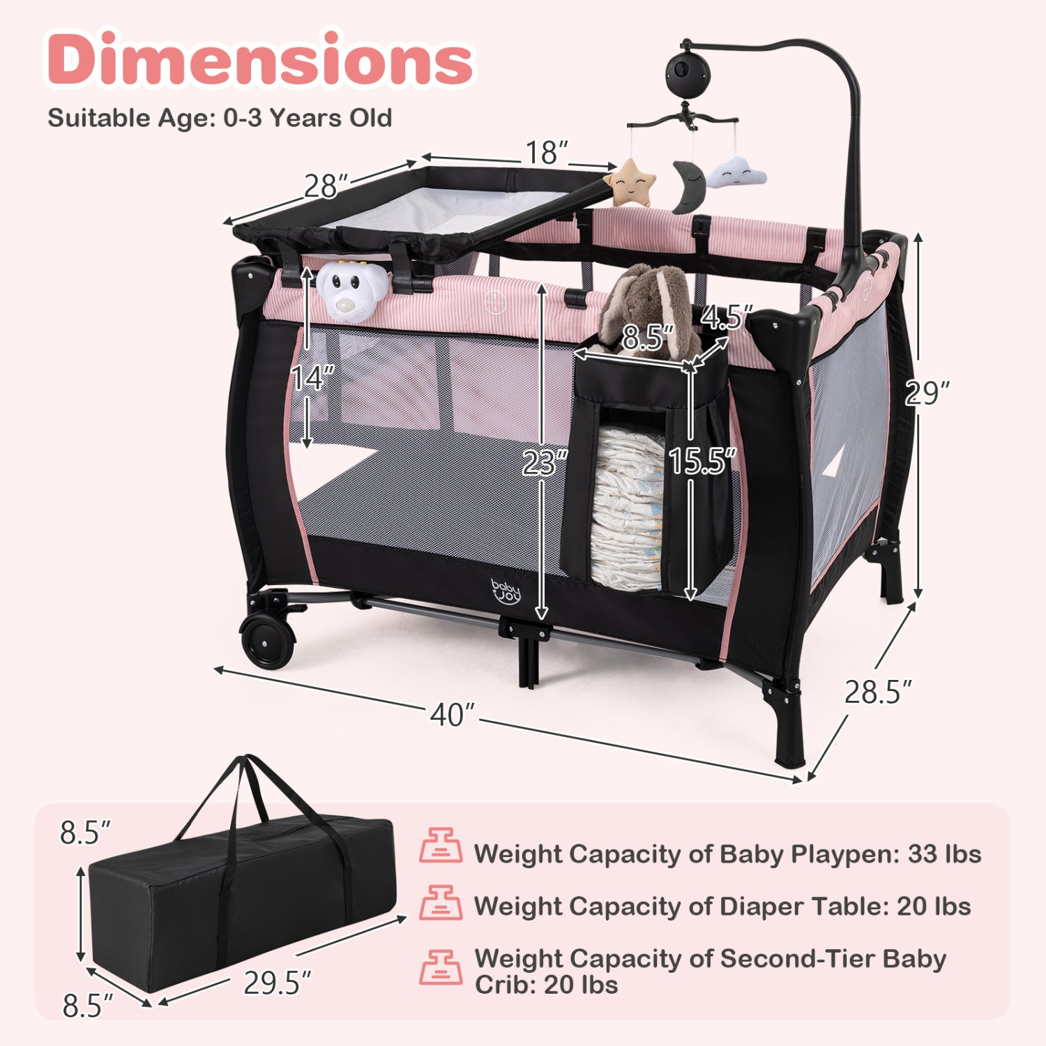 Pink Baby Playpen with Changing Table and Bassinet