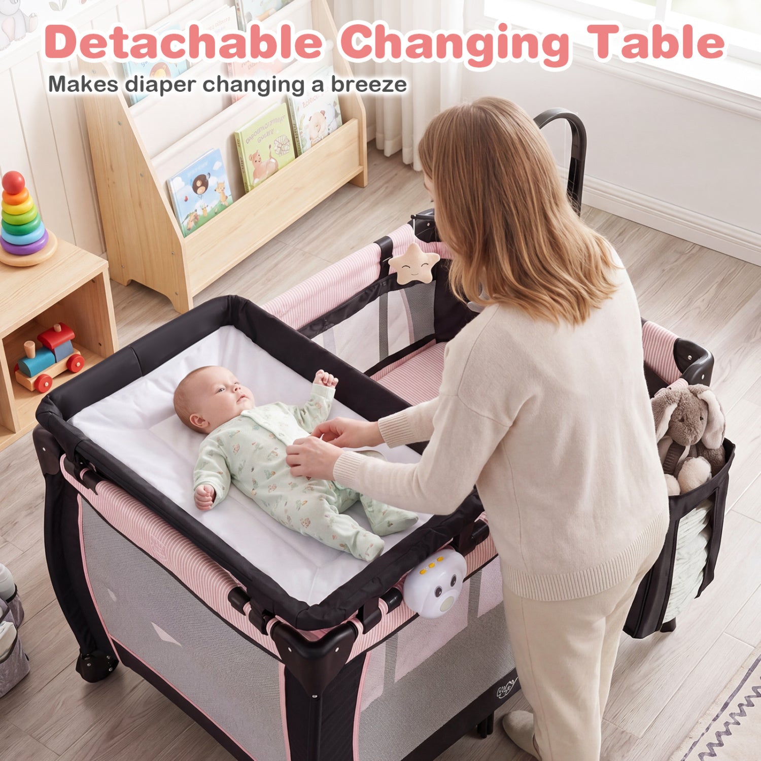 Pink Baby Playpen with Changing Table and Bassinet