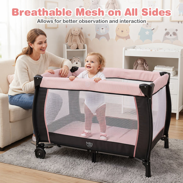 Pink Baby Playpen with Changing Table and Bassinet