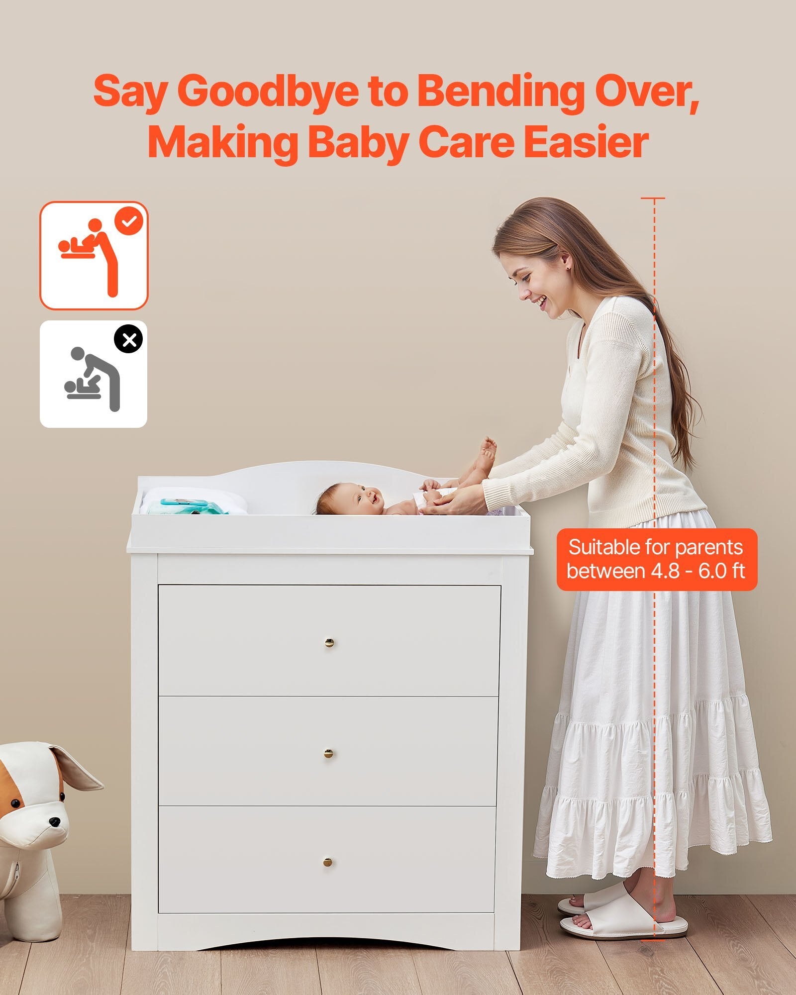 White Baby Changing Table Dresser with 3 Drawers