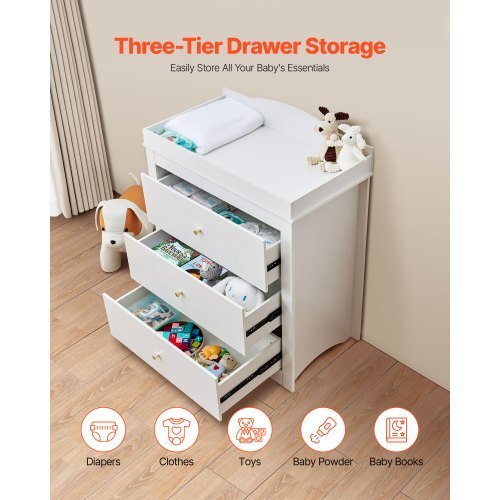 White Baby Changing Table Dresser with 3 Drawers