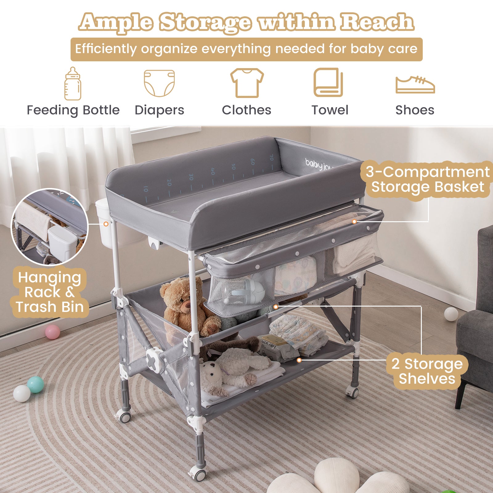 Portable Gray Baby Changing Table with Wheels