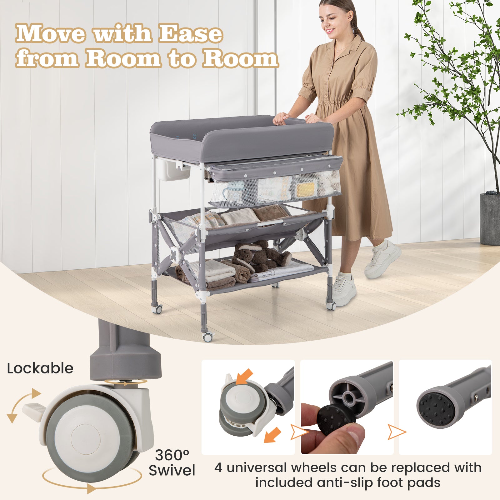 Portable Gray Baby Changing Table with Wheels