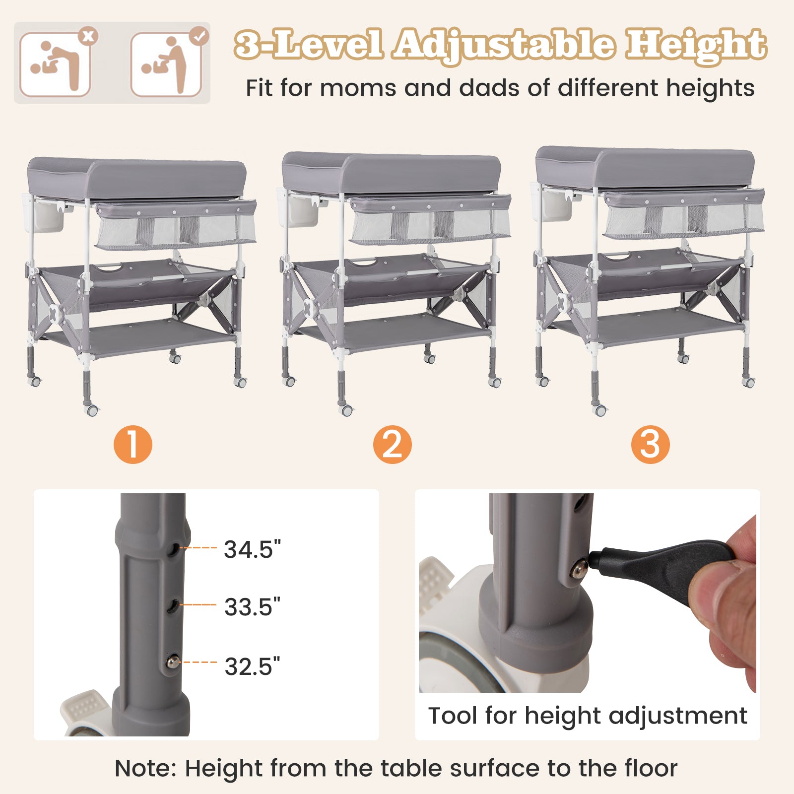 Portable Gray Baby Changing Table with Wheels