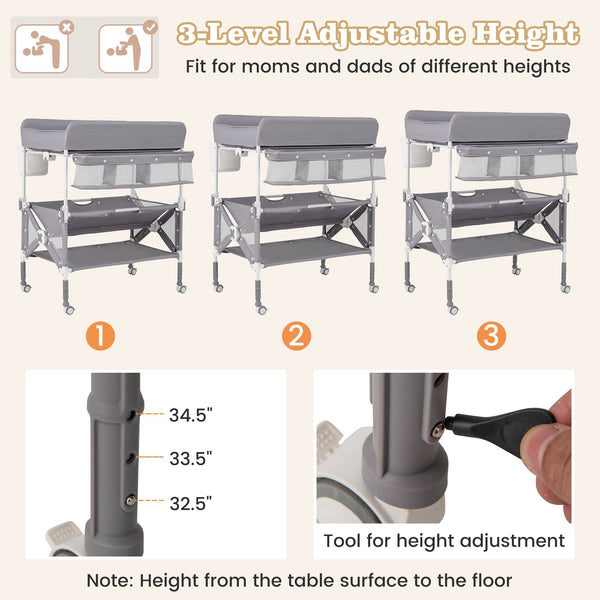 Portable Gray Baby Changing Table with Wheels