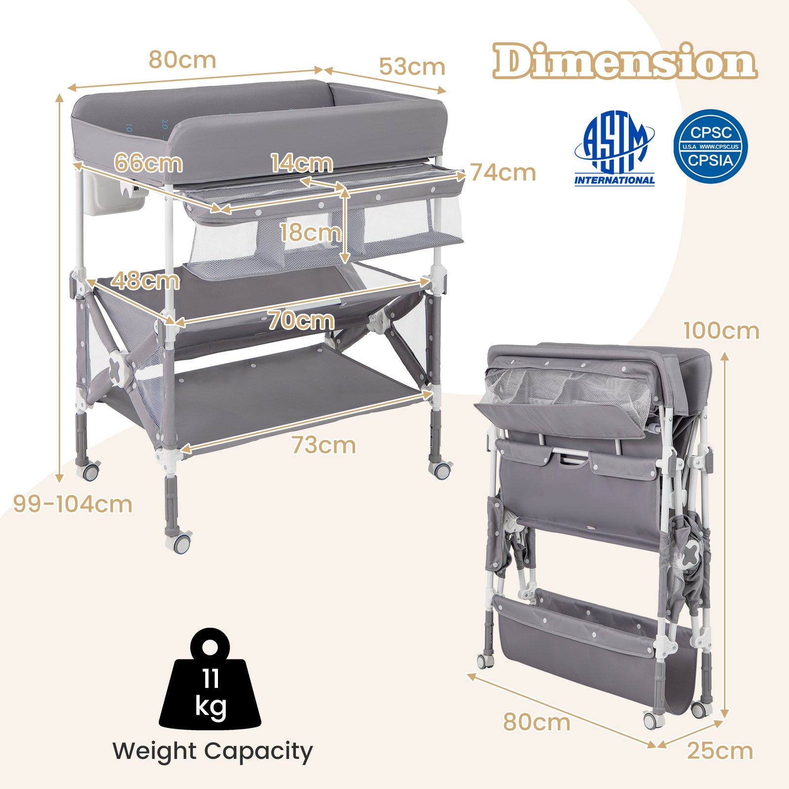 Portable Gray Baby Changing Table with Wheels