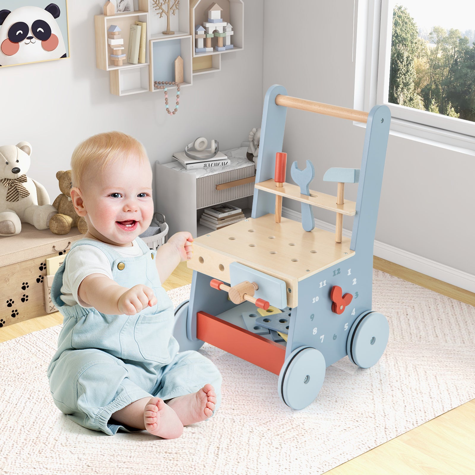 2-in-1 Wooden Baby Push Walker Activity Center