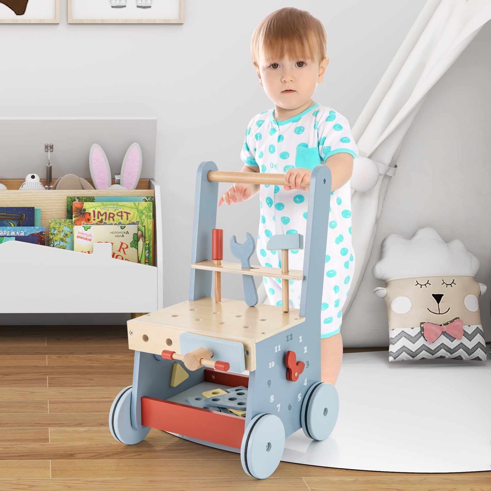 2-in-1 Wooden Baby Push Walker Activity Center