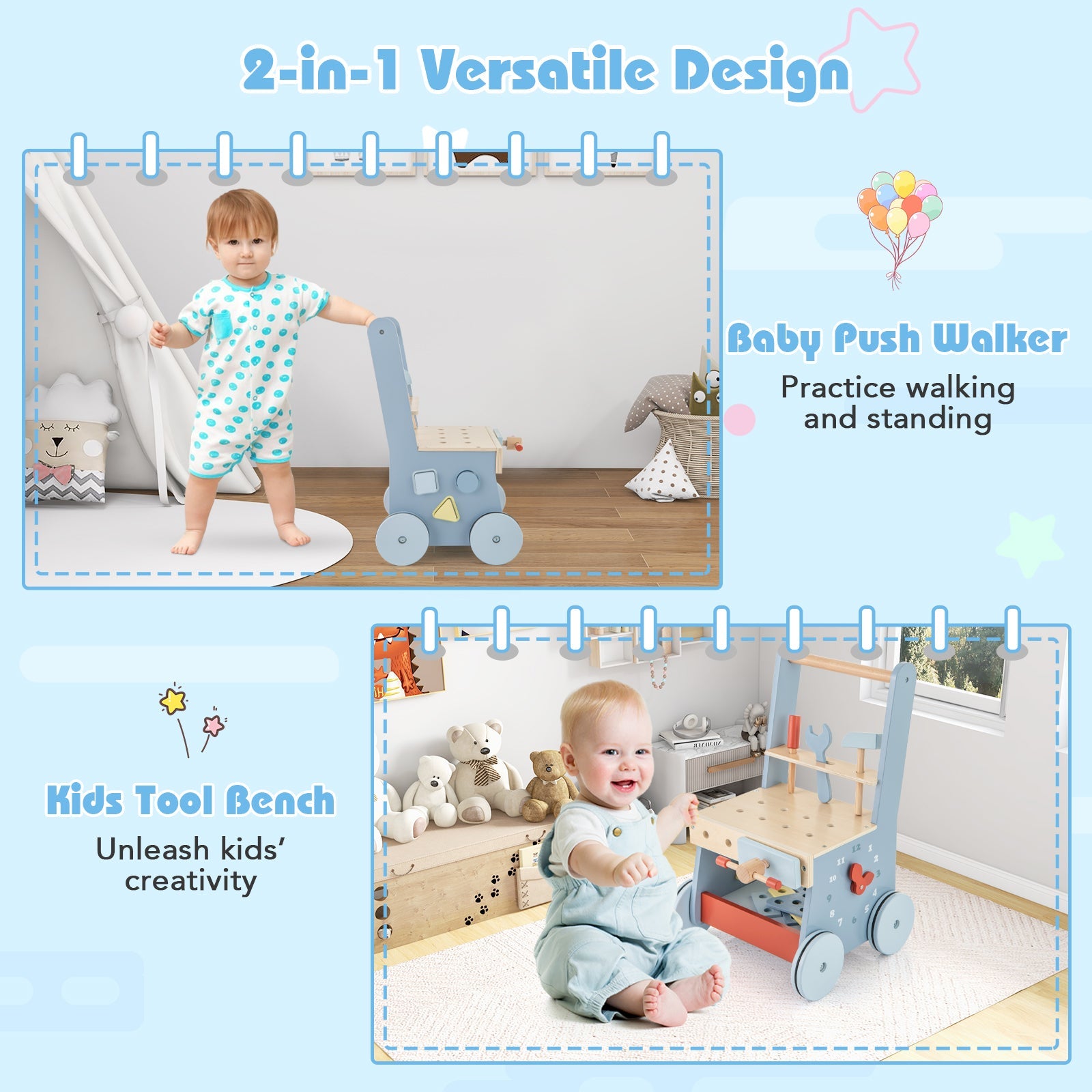 2-in-1 Wooden Baby Push Walker Activity Center