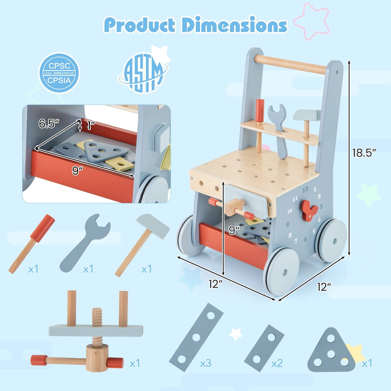 2-in-1 Wooden Baby Push Walker Activity Center