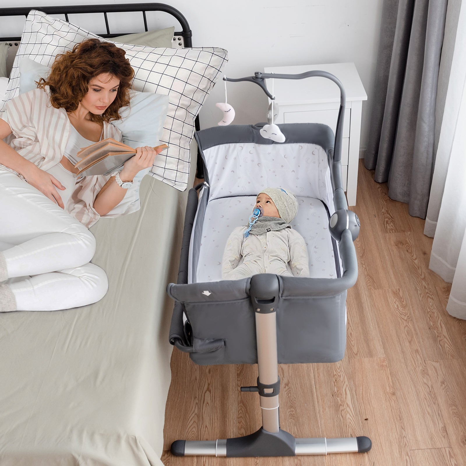 Height-Adjustable Dark Gray Baby Side Crib